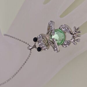 Silver Tone & Rhinestone Frog Pendant Necklace